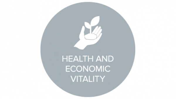 health and economic vitality icon with hand holding plant